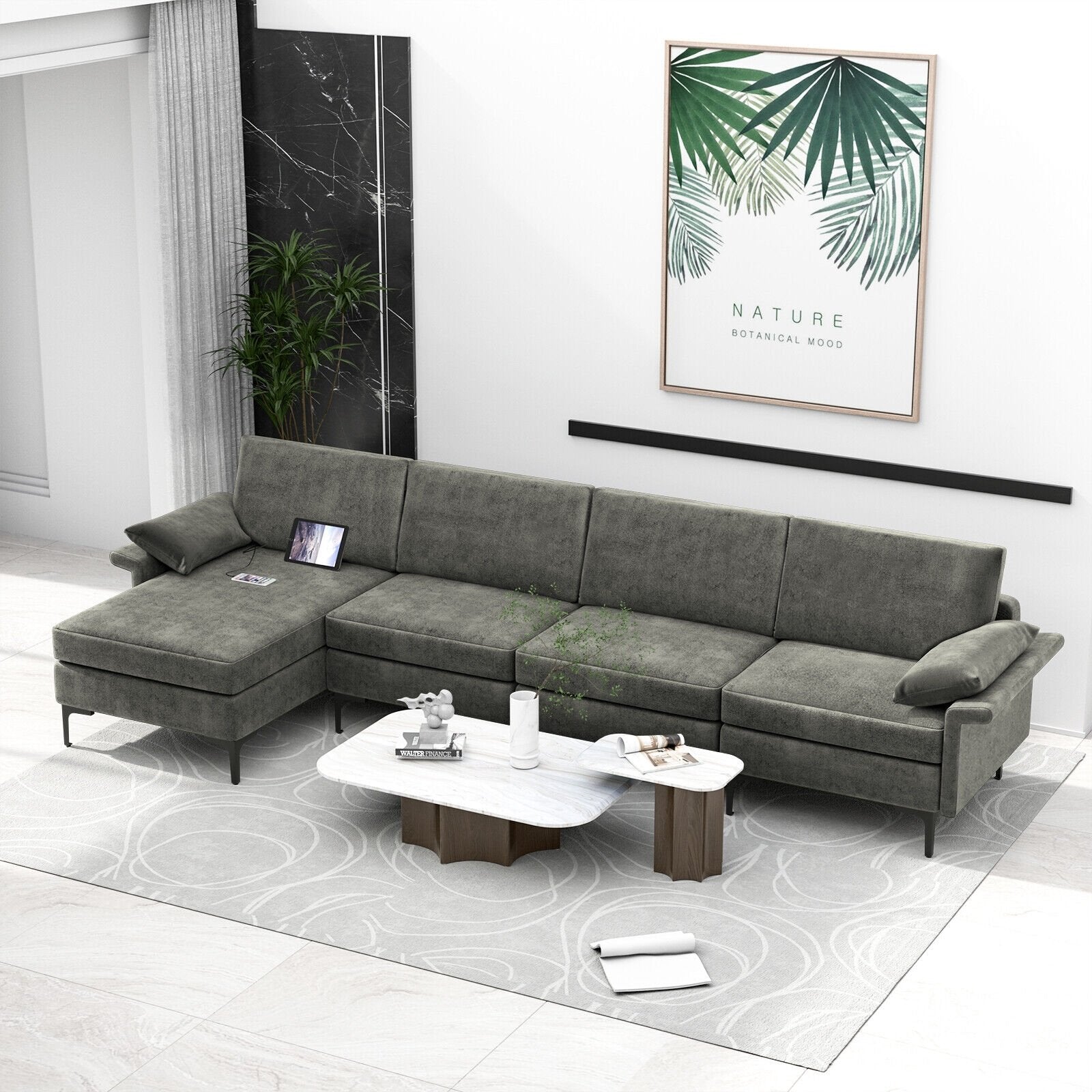 Extra Large L-shaped Sectional Sofa with Reversible Chaise and 2 USB Ports for 4-5 People, Gray Sofas & Loveseats   at Gallery Canada