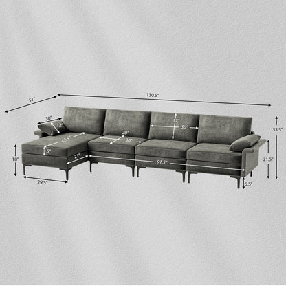 Extra Large L-shaped Sectional Sofa with Reversible Chaise and 2 USB Ports for 4-5 People, Gray Sofas & Loveseats   at Gallery Canada