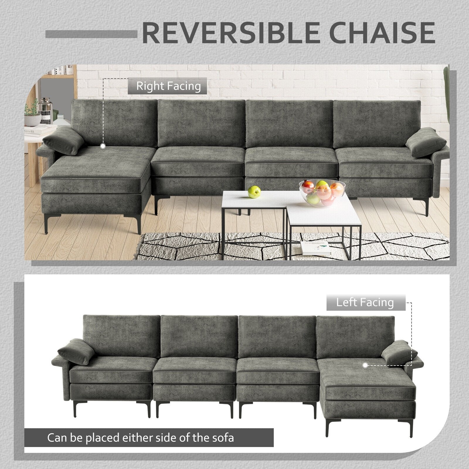 Extra Large L-shaped Sectional Sofa with Reversible Chaise and 2 USB Ports for 4-5 People, Gray Sofas & Loveseats   at Gallery Canada