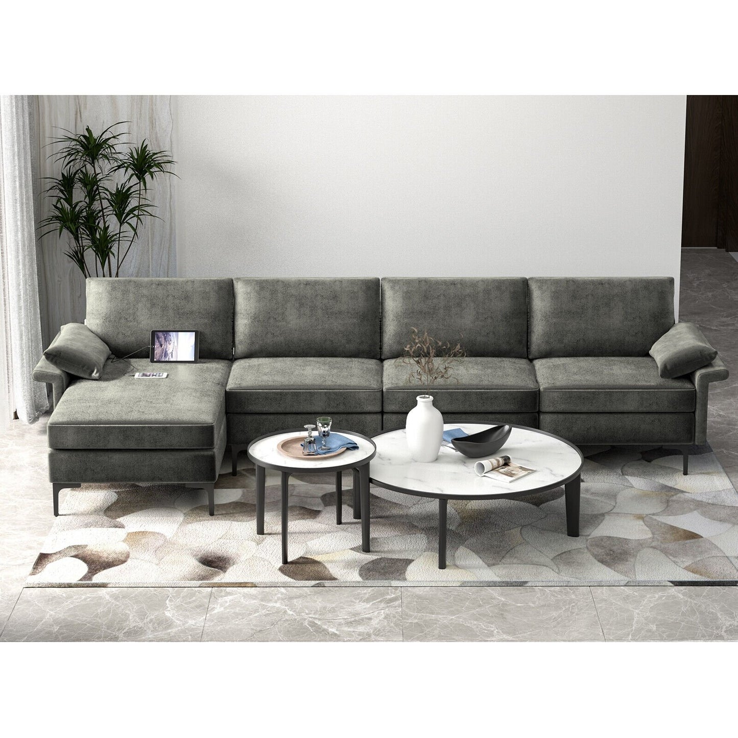 Extra Large L-shaped Sectional Sofa with Reversible Chaise and 2 USB Ports for 4-5 People, Gray Sofas & Loveseats   at Gallery Canada