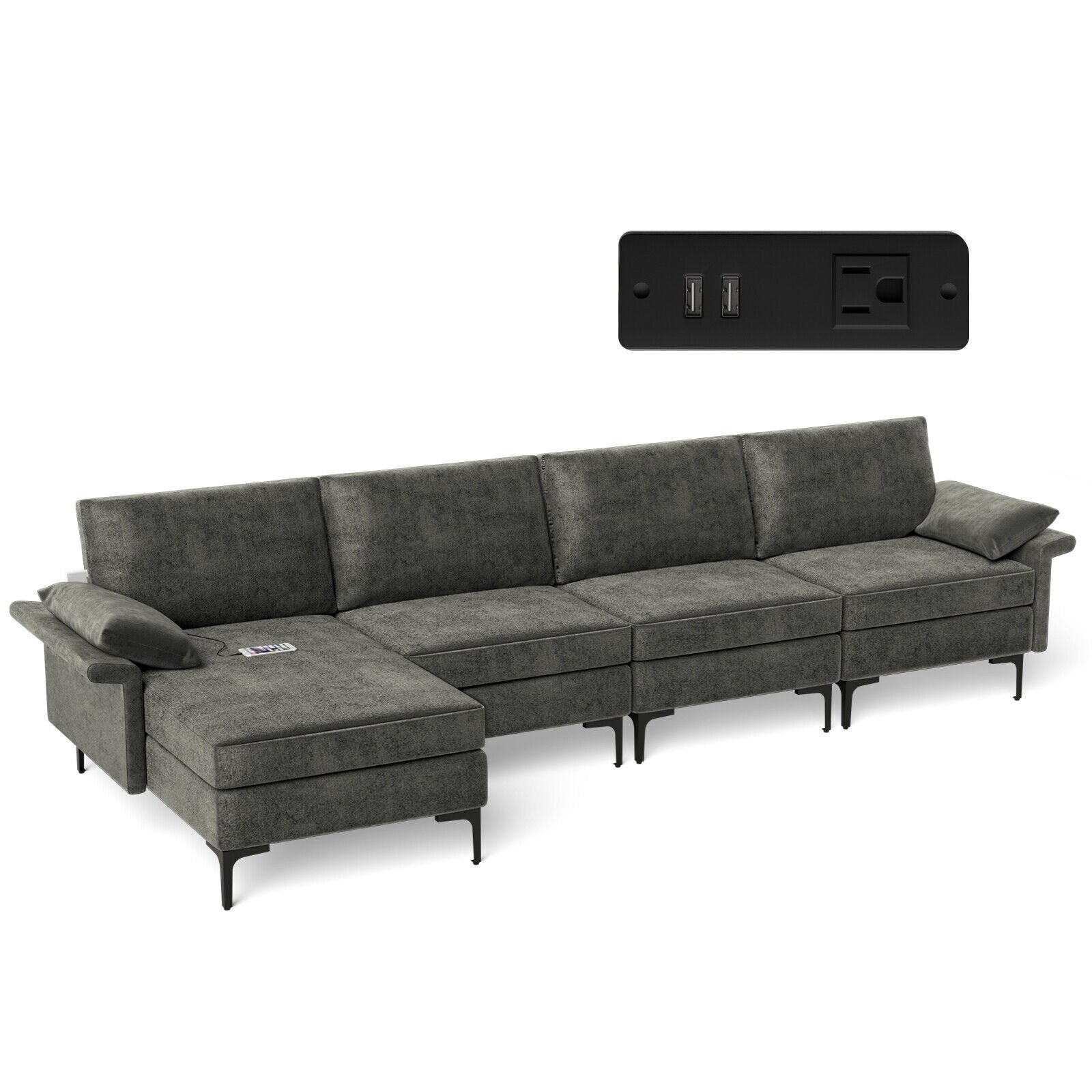 Extra Large L-shaped Sectional Sofa with Reversible Chaise and 2 USB Ports for 4-5 People, Gray Sofas & Loveseats   at Gallery Canada