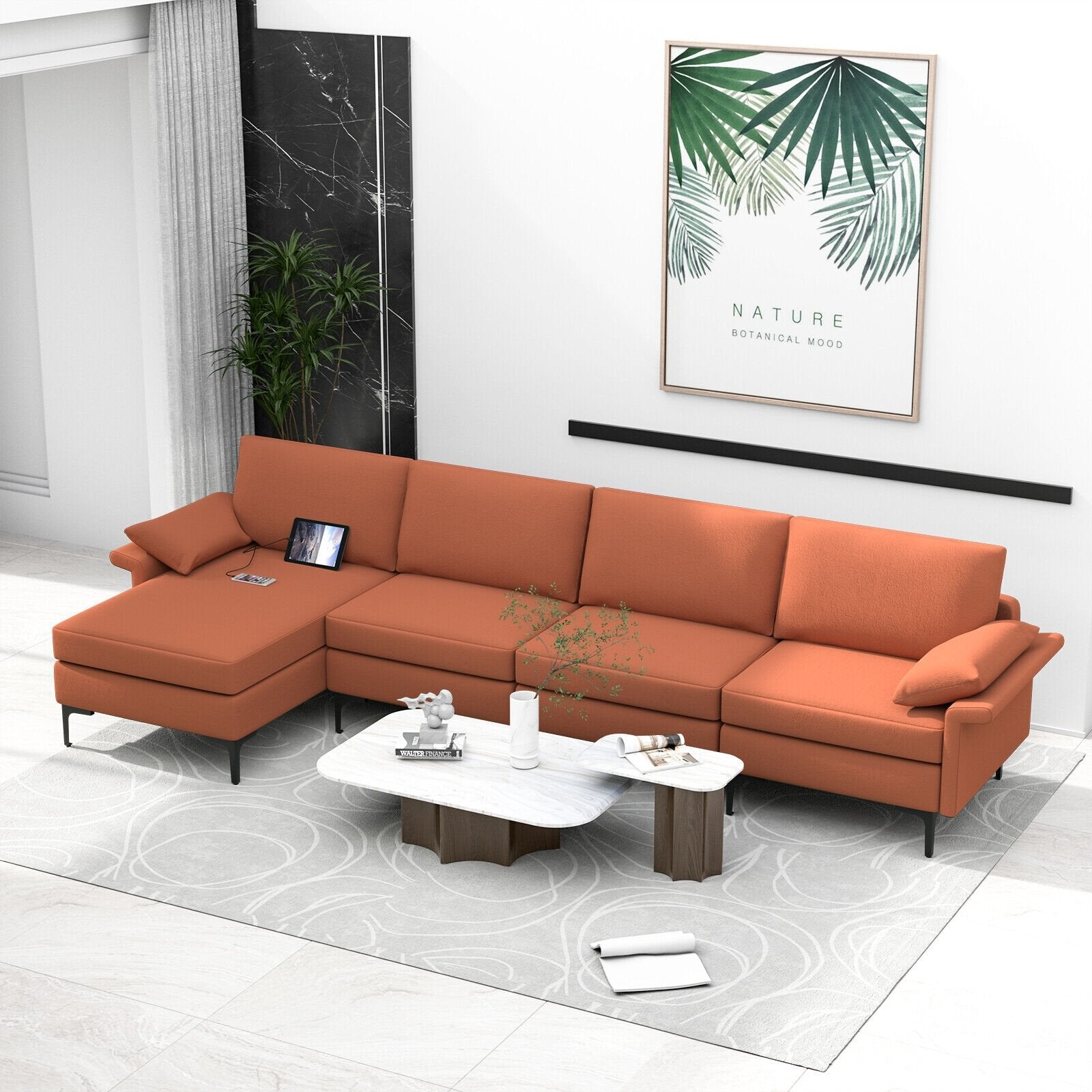 Extra Large L-shaped Sectional Sofa with Reversible Chaise and 2 USB Ports for 4-5 People-Rust Red, Red Sofas & Loveseats   at Gallery Canada