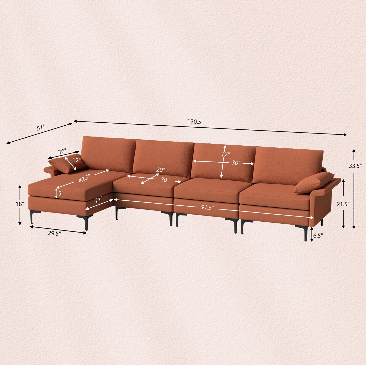 Extra Large L-shaped Sectional Sofa with Reversible Chaise and 2 USB Ports for 4-5 People-Rust Red, Red Sofas & Loveseats   at Gallery Canada