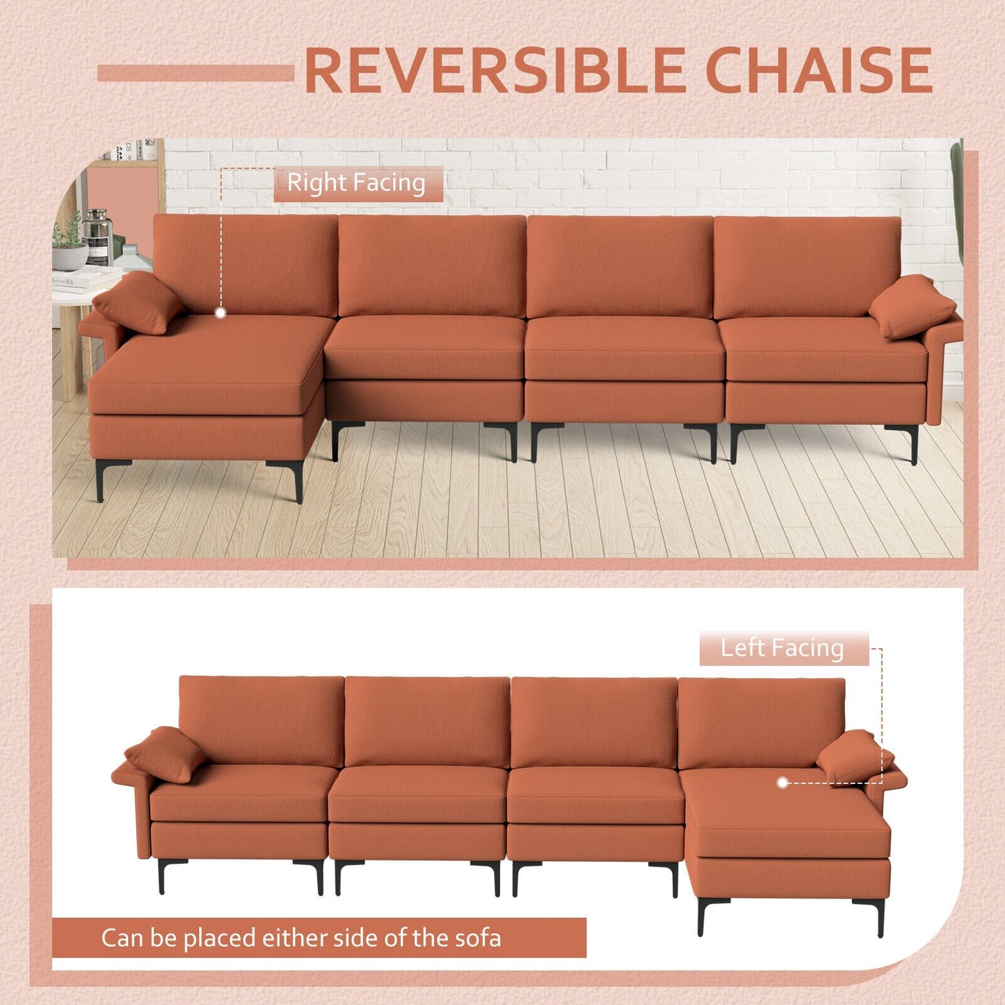 Extra Large L-shaped Sectional Sofa with Reversible Chaise and 2 USB Ports for 4-5 People-Rust Red, Red Sofas & Loveseats   at Gallery Canada