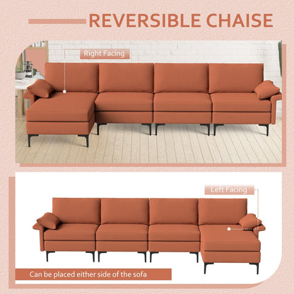 Extra Large L-shaped Sectional Sofa with Reversible Chaise and 2 USB Ports for 4-5 People-Rust Red, Red Sofas & Loveseats   at Gallery Canada