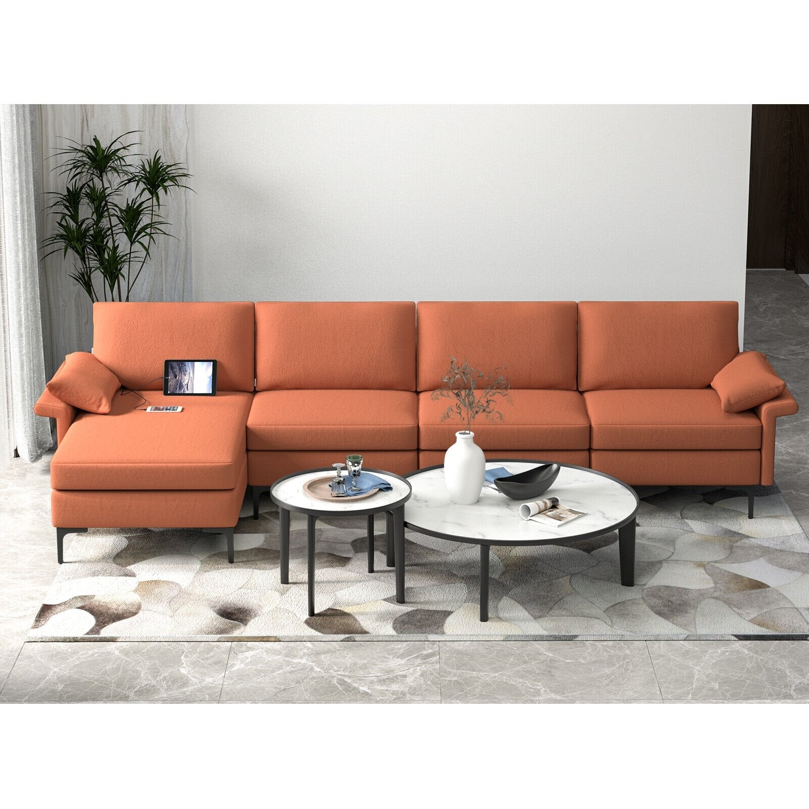 Extra Large L-shaped Sectional Sofa with Reversible Chaise and 2 USB Ports for 4-5 People-Rust Red, Red Sofas & Loveseats   at Gallery Canada