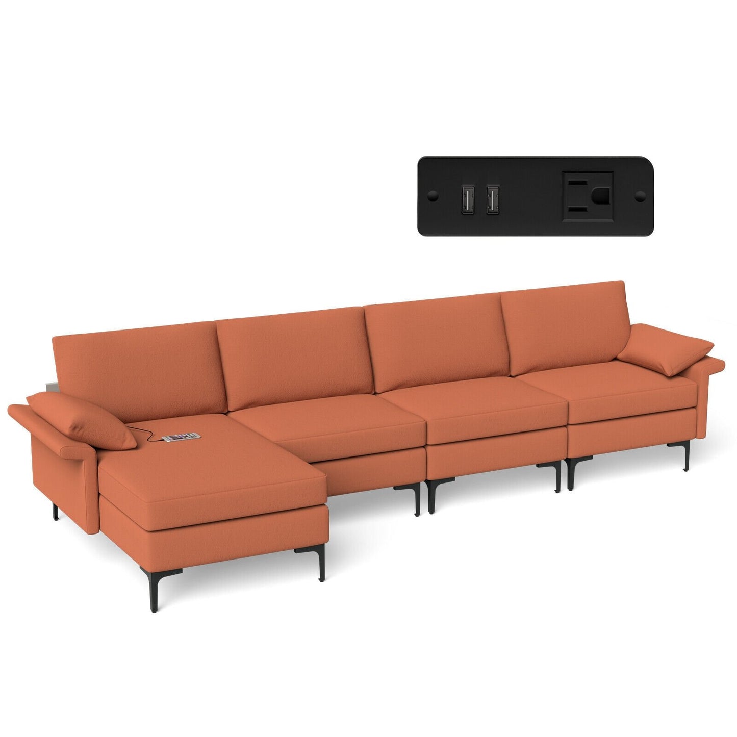 Extra Large L-shaped Sectional Sofa with Reversible Chaise and 2 USB Ports for 4-5 People-Rust Red, Red Sofas & Loveseats   at Gallery Canada