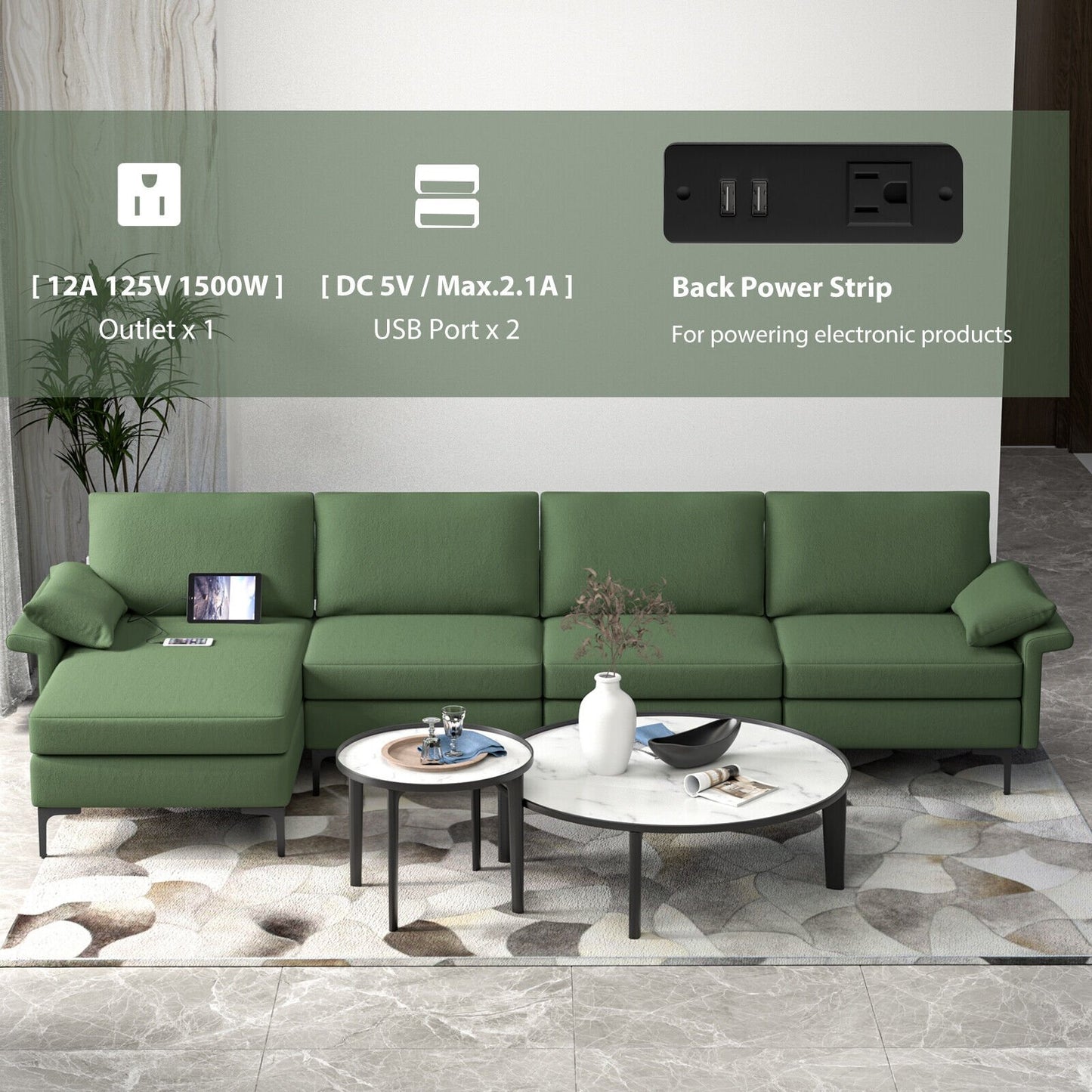 Extra Large L-shaped Sectional Sofa with Reversible Chaise and 2 USB Ports for 4-5 People, Army Green Sofas & Loveseats   at Gallery Canada