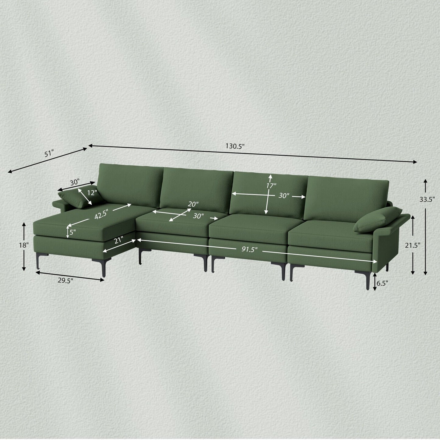 Extra Large L-shaped Sectional Sofa with Reversible Chaise and 2 USB Ports for 4-5 People, Army Green Sofas & Loveseats   at Gallery Canada