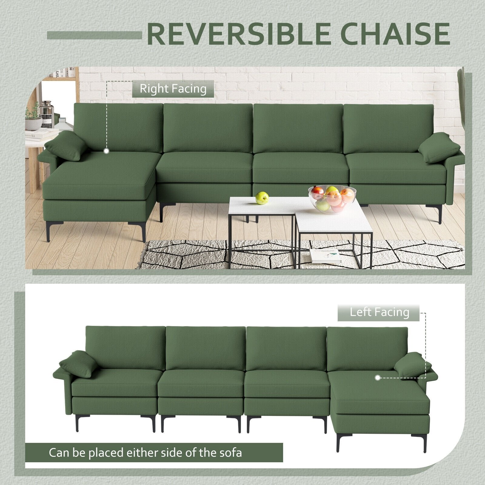 Extra Large L-shaped Sectional Sofa with Reversible Chaise and 2 USB Ports for 4-5 People, Army Green Sofas & Loveseats   at Gallery Canada