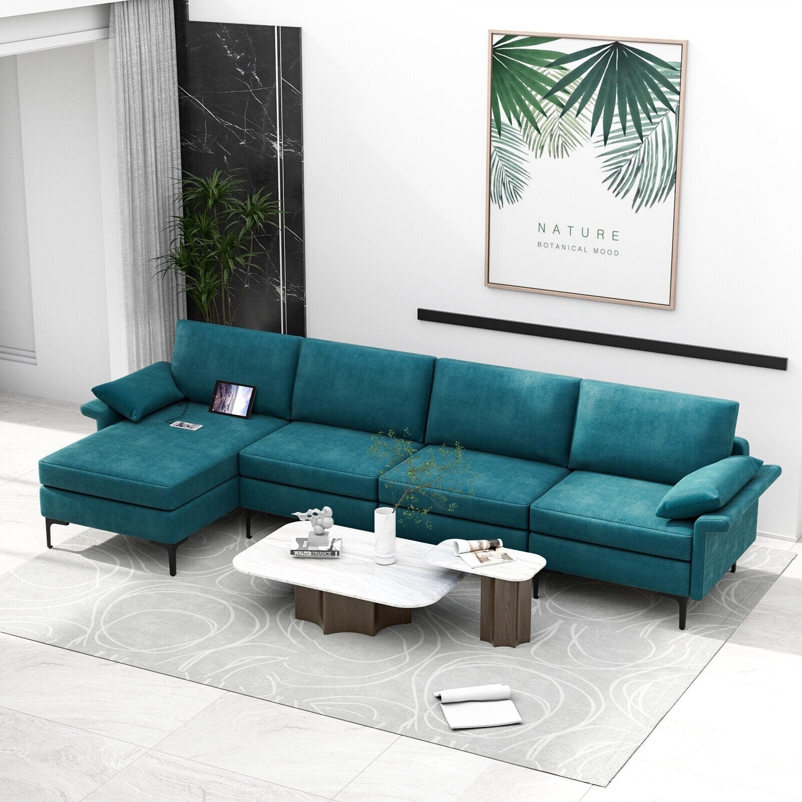 Extra Large L-shaped Sectional Sofa with Reversible Chaise and 2 USB Ports for 4-5 People, Turquoise Sofas & Loveseats   at Gallery Canada