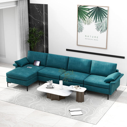 Extra Large L-shaped Sectional Sofa with Reversible Chaise and 2 USB Ports for 4-5 People, Turquoise - Gallery Canada
