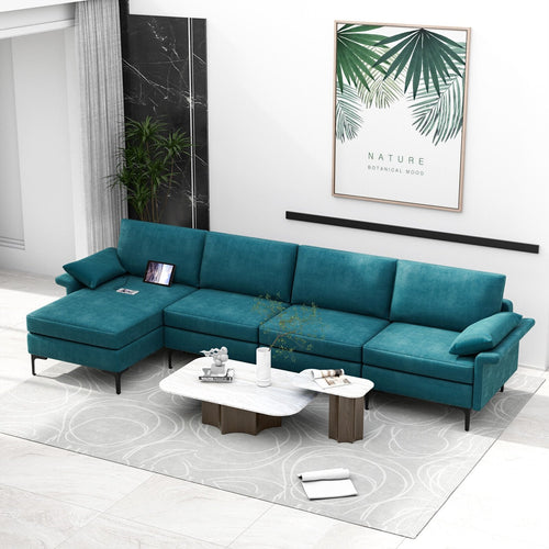 Extra Large L-shaped Sectional Sofa with Reversible Chaise and 2 USB Ports for 4-5 People, Turquoise