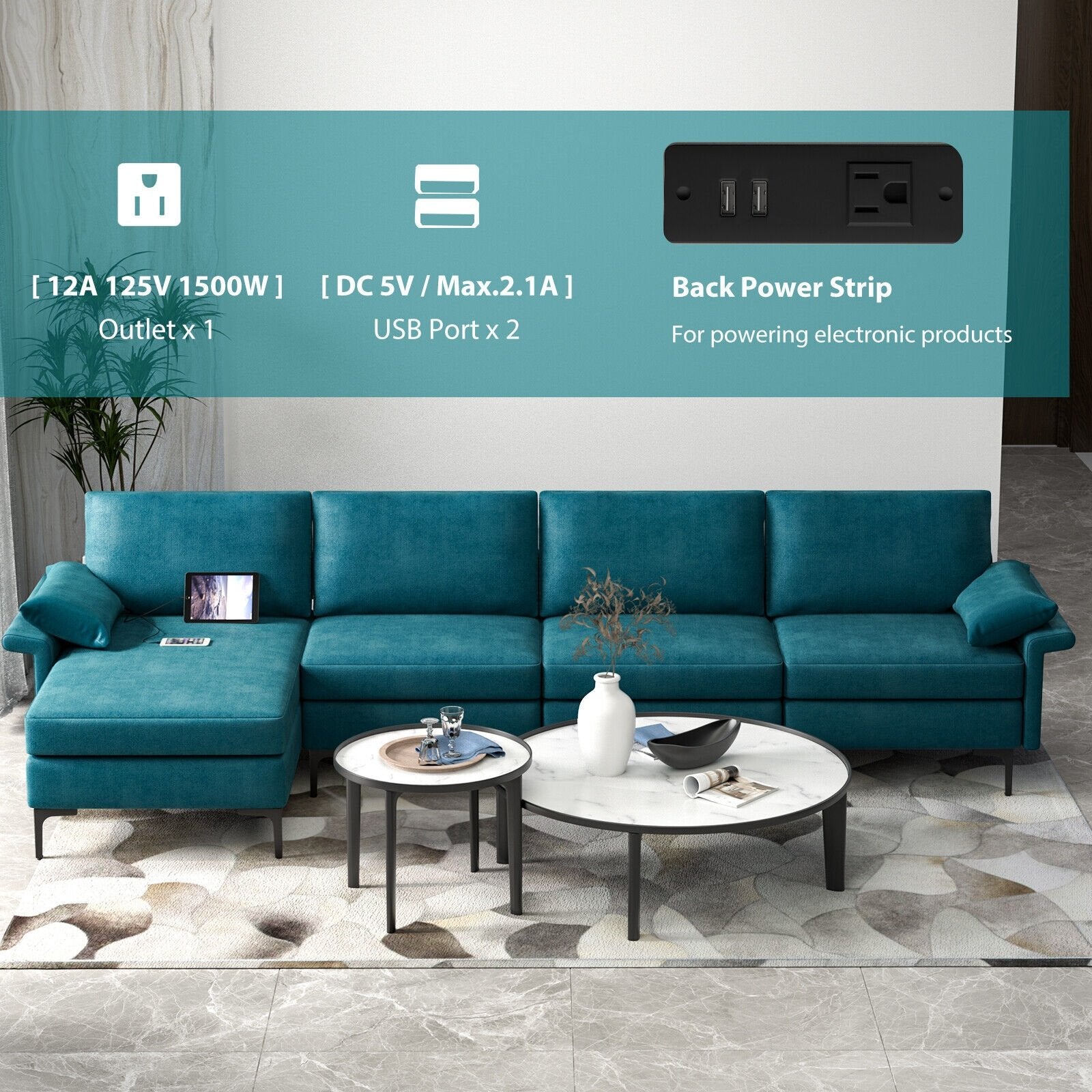 Extra Large L-shaped Sectional Sofa with Reversible Chaise and 2 USB Ports for 4-5 People, Turquoise Sofas & Loveseats   at Gallery Canada