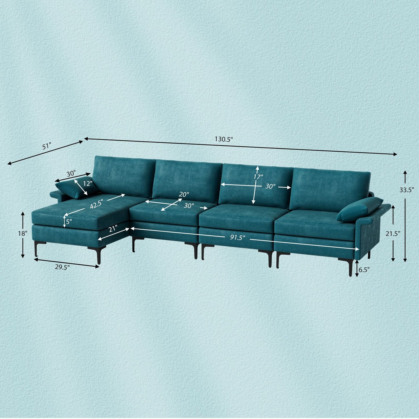 Extra Large L-shaped Sectional Sofa with Reversible Chaise and 2 USB Ports for 4-5 People, Turquoise Sofas & Loveseats   at Gallery Canada