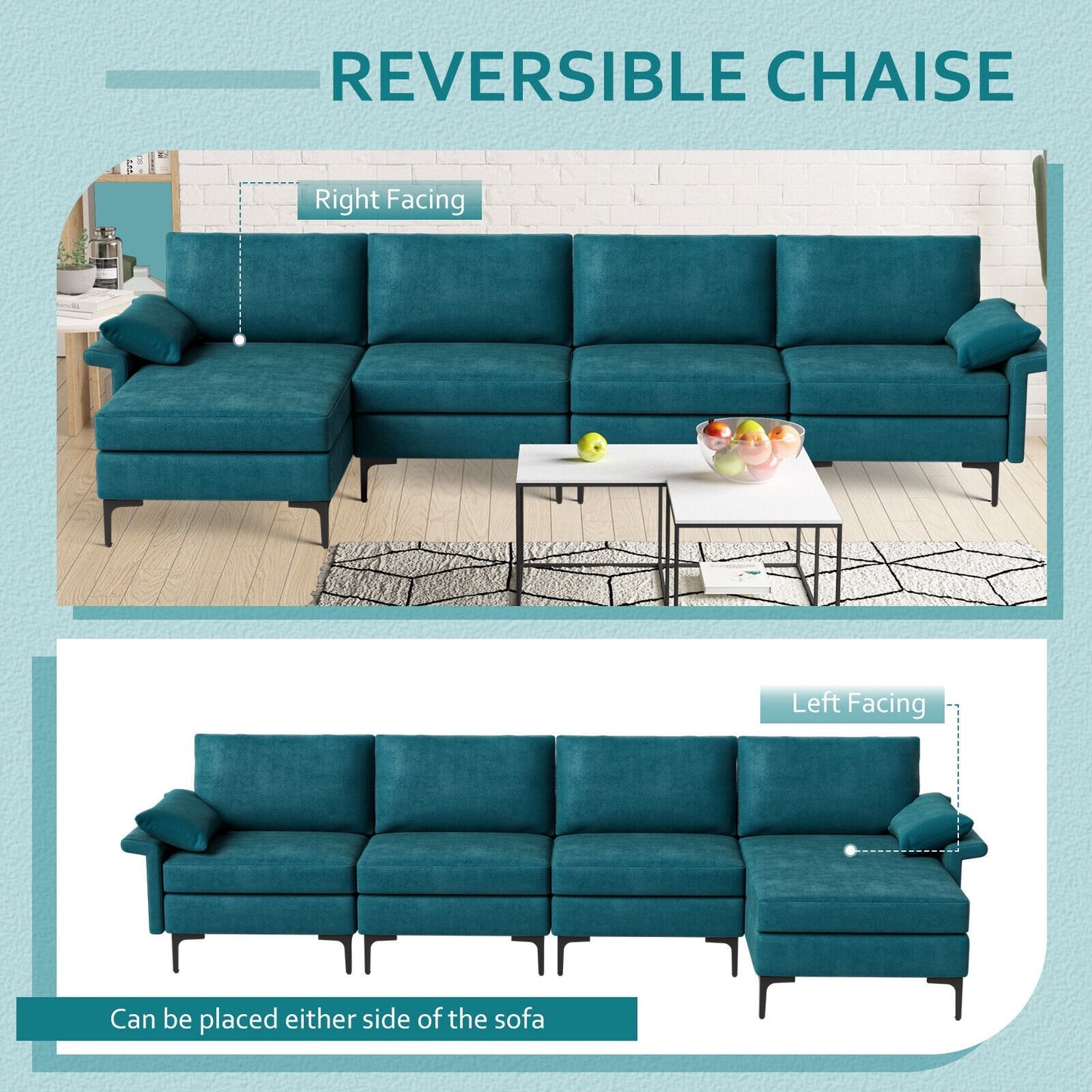 Extra Large L-shaped Sectional Sofa with Reversible Chaise and 2 USB Ports for 4-5 People, Turquoise Sofas & Loveseats   at Gallery Canada