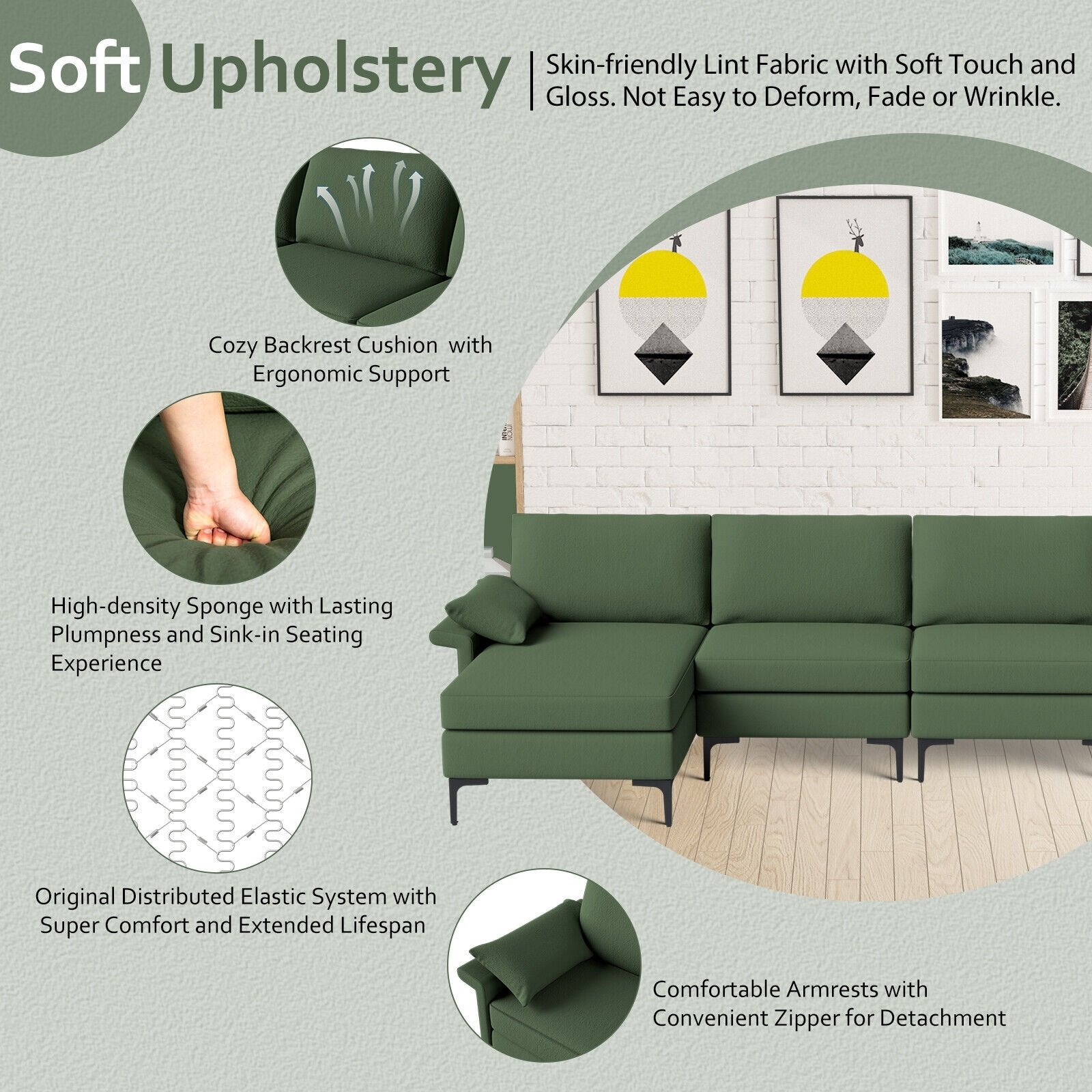 Extra Large L-shaped Sectional Sofa with Reversible Chaise and 2 USB Ports for 4-5 People, Army Green Sofas & Loveseats   at Gallery Canada