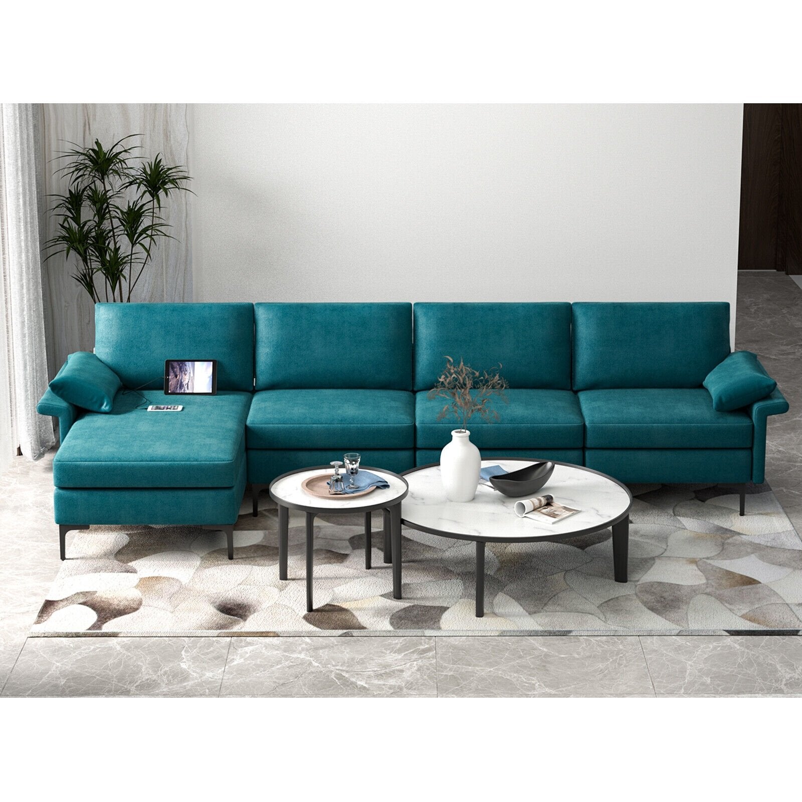 Extra Large L-shaped Sectional Sofa with Reversible Chaise and 2 USB Ports for 4-5 People, Turquoise Sofas & Loveseats   at Gallery Canada