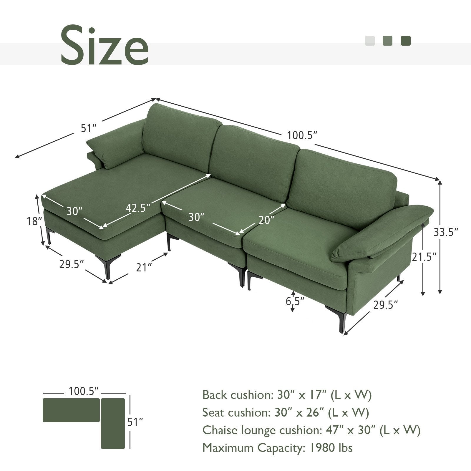 Extra Large Modular L-shaped Sectional Sofa with Reversible Chaise for 4-5 People, Army Green Sofas & Loveseats   at Gallery Canada