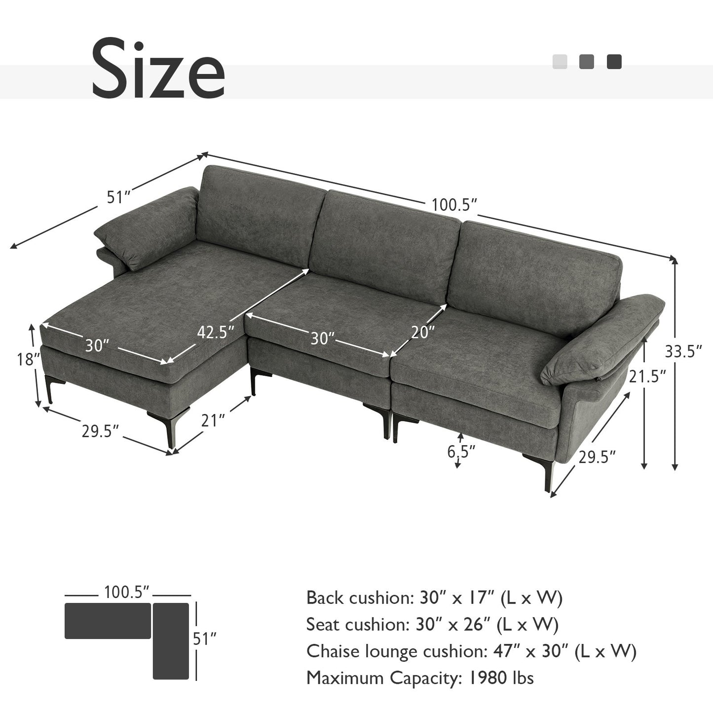 Extra Large Modular L-shaped Sectional Sofa with Reversible Chaise for 4-5 People, Gray Sofas & Loveseats   at Gallery Canada