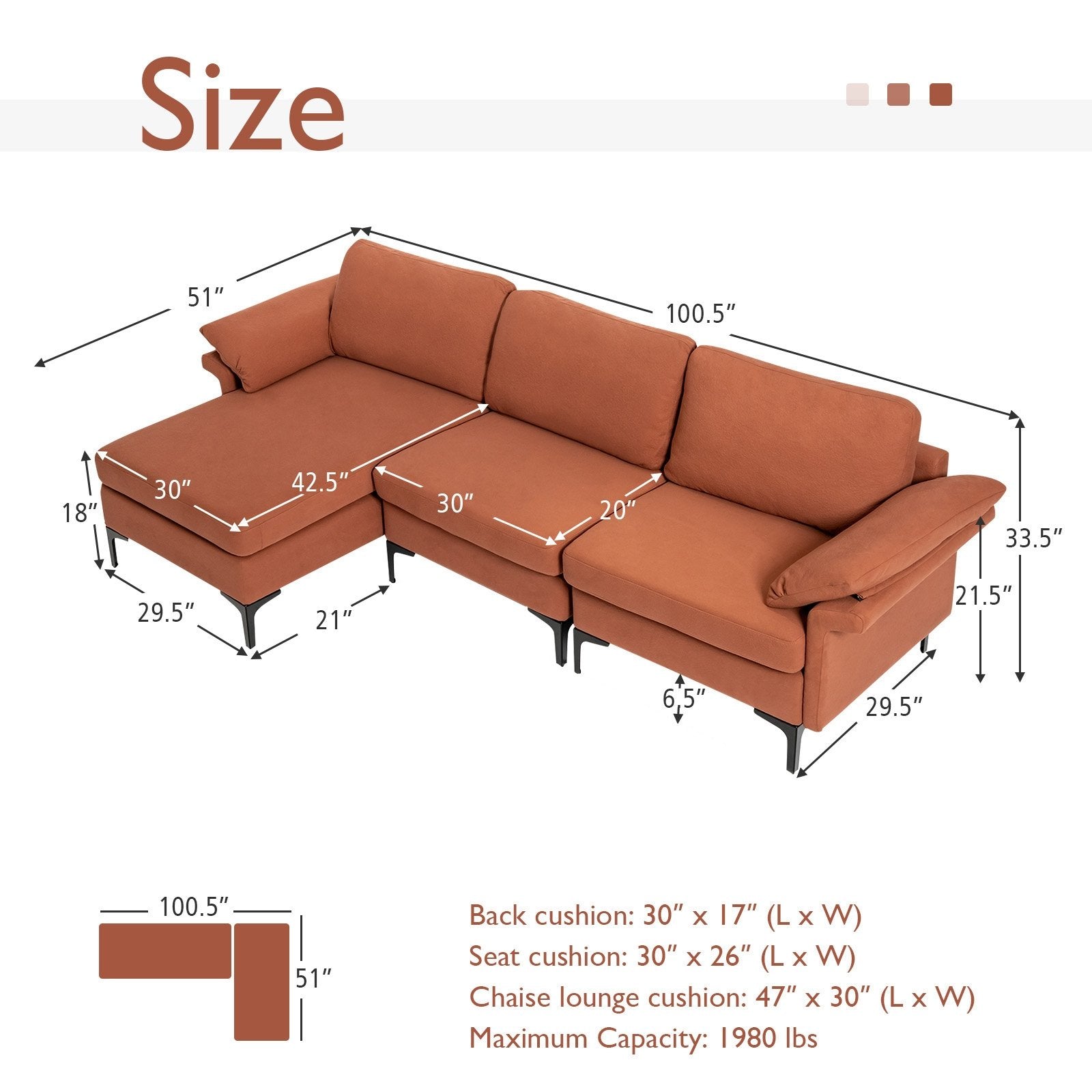 Extra Large Modular L-shaped Sectional Sofa with Reversible Chaise for 4-5 People-Rust Red, Red Sofas & Loveseats   at Gallery Canada