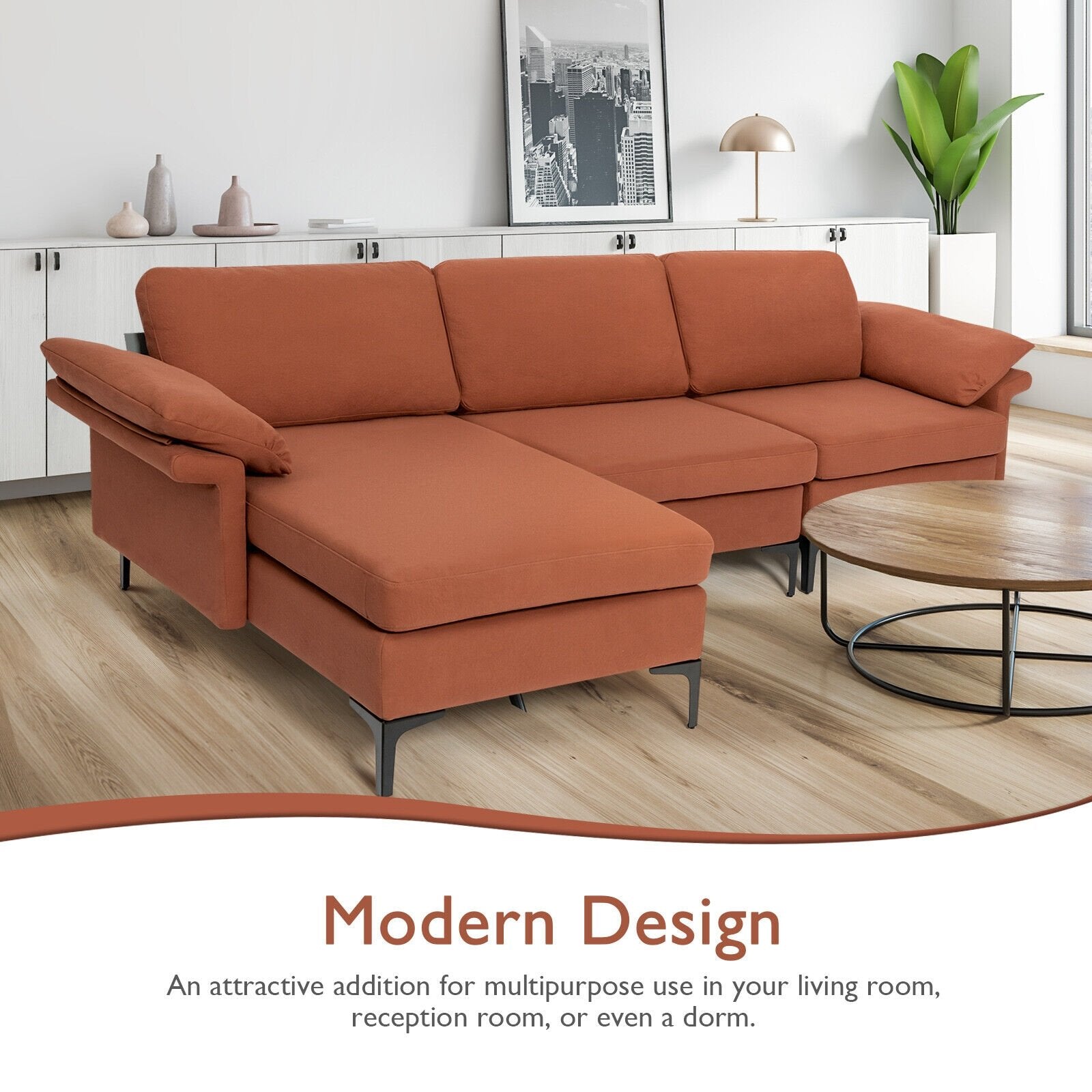 Extra Large Modular L-shaped Sectional Sofa with Reversible Chaise for 4-5 People-Rust Red, Red Sofas & Loveseats   at Gallery Canada