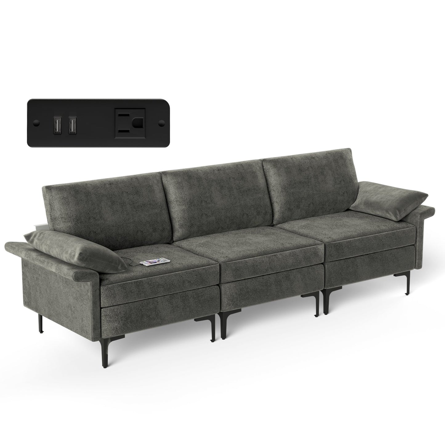 Large 3-Seat Sofa Sectional with Metal Legs and 2 USB Ports for 3-4 people, Gray Sofas & Loveseats   at Gallery Canada