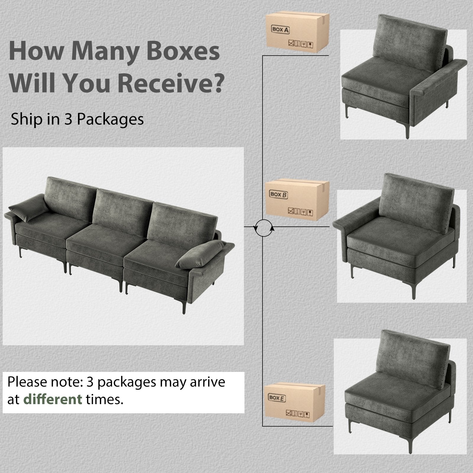 Large 3-Seat Sofa Sectional with Metal Legs and 2 USB Ports for 3-4 people, Gray Sofas & Loveseats   at Gallery Canada