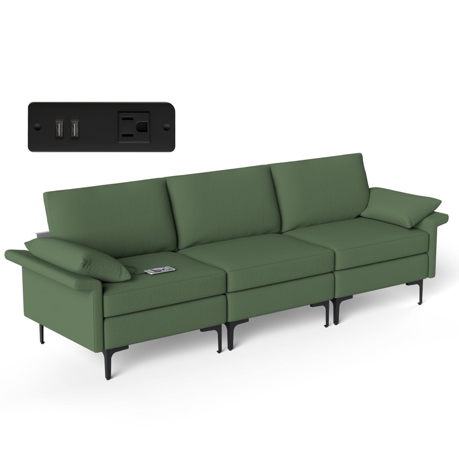 Large 3-Seat Sofa Sectional with Metal Legs and 2 USB Ports for 3-4 people, Army Green Sofas & Loveseats   at Gallery Canada