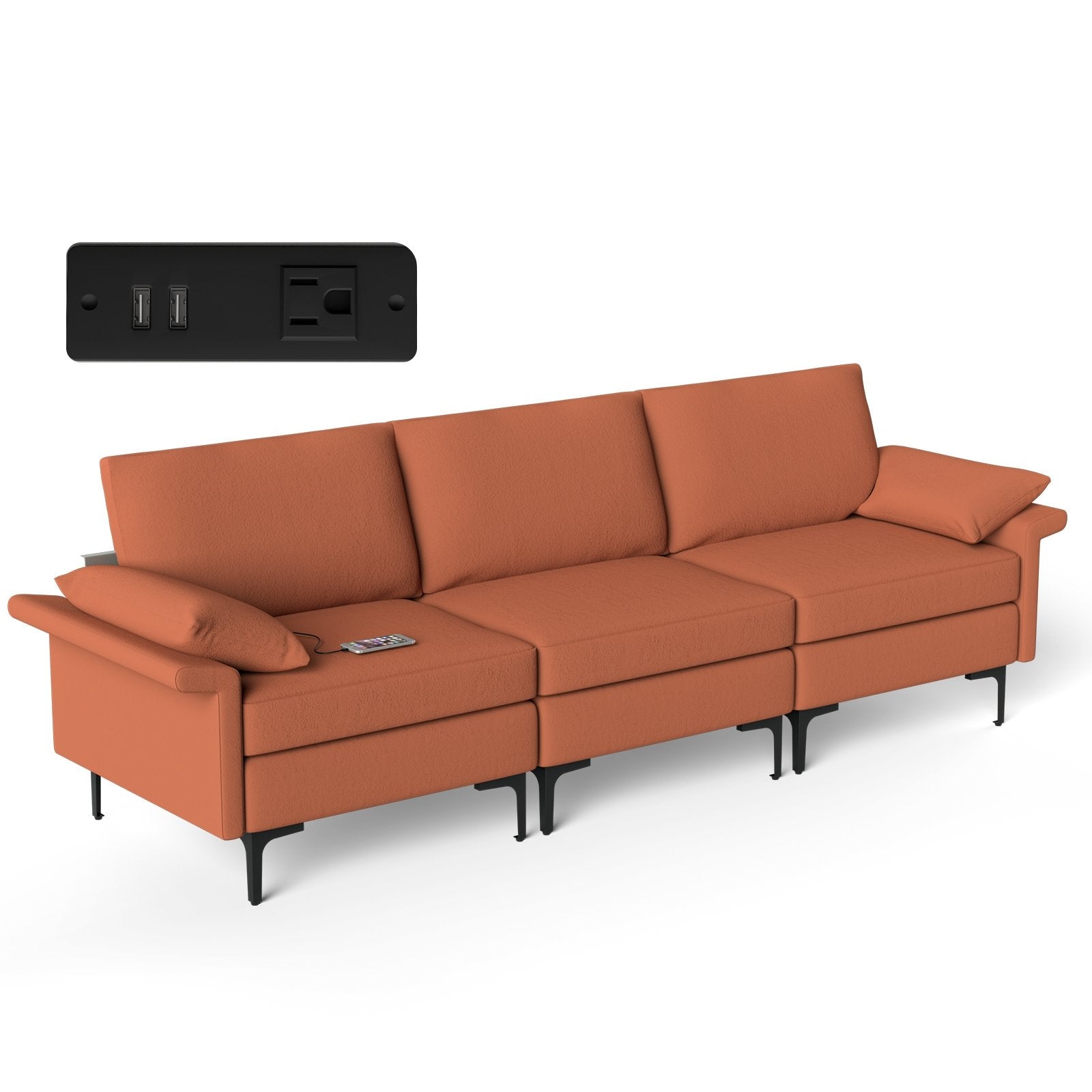 Large 3-Seat Sofa Sectional with Metal Legs and 2 USB Ports for 3-4 people, Red Sofas & Loveseats   at Gallery Canada