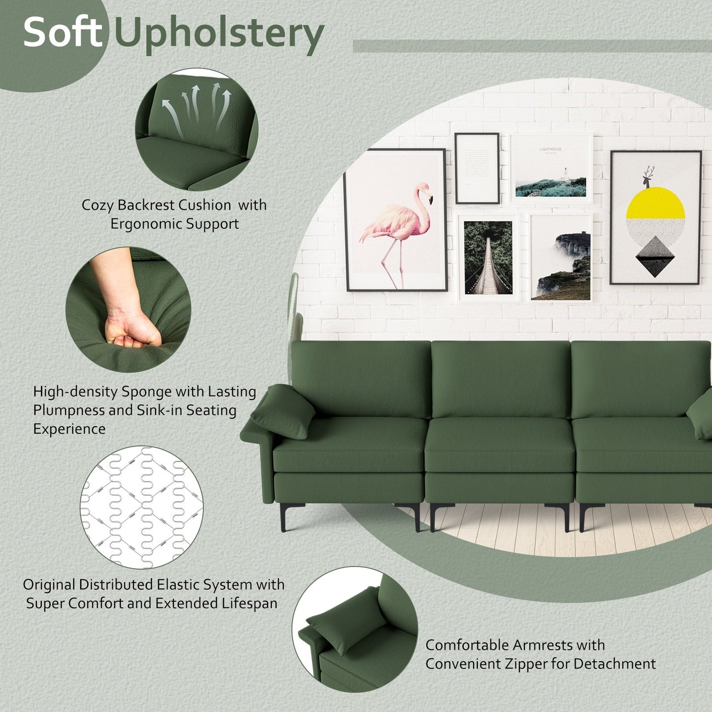 Large 3-Seat Sofa Sectional with Metal Legs and 2 USB Ports for 3-4 people, Army Green Sofas & Loveseats   at Gallery Canada