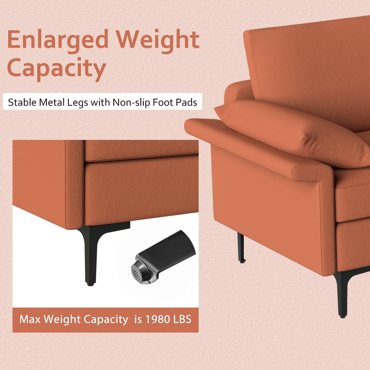 Large 3-Seat Sofa Sectional with Metal Legs and 2 USB Ports for 3-4 people, Red Sofas & Loveseats   at Gallery Canada