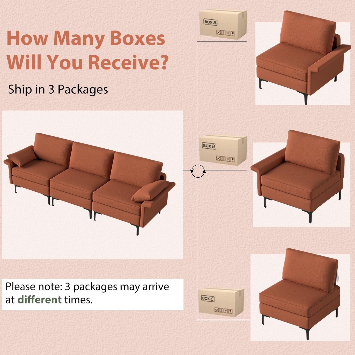 Large 3-Seat Sofa Sectional with Metal Legs and 2 USB Ports for 3-4 people, Red Sofas & Loveseats   at Gallery Canada