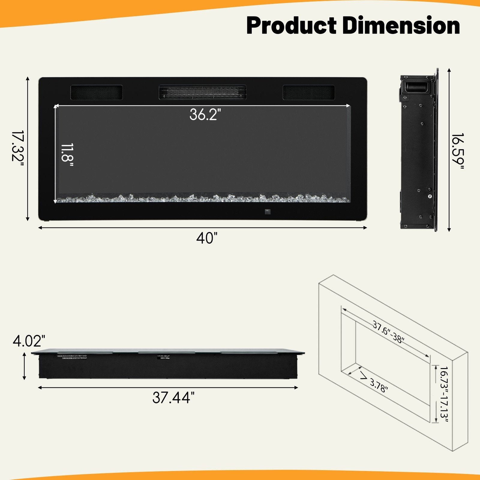 Electric Fireplace 40/50/60 Inches Recessed and Wall Mounted for 2' x 6' Stud-40 Inches, Black Fireplaces   at Gallery Canada