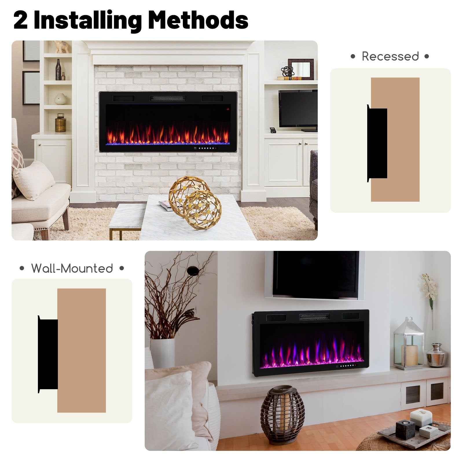 Electric Fireplace 40/50/60 Inches Recessed and Wall Mounted for 2' x 6' Stud-40 Inches, Black Fireplaces   at Gallery Canada