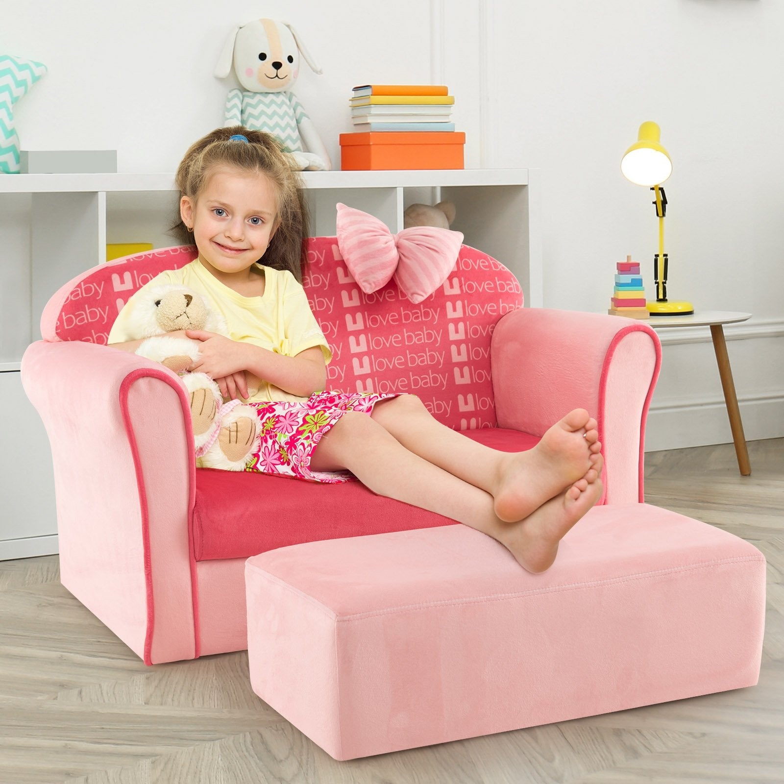 Ultra Soft Velvet Kids Sofa Chair Toddler Couch with Ottoman, Pink Kids Chairs & Seating   at Gallery Canada