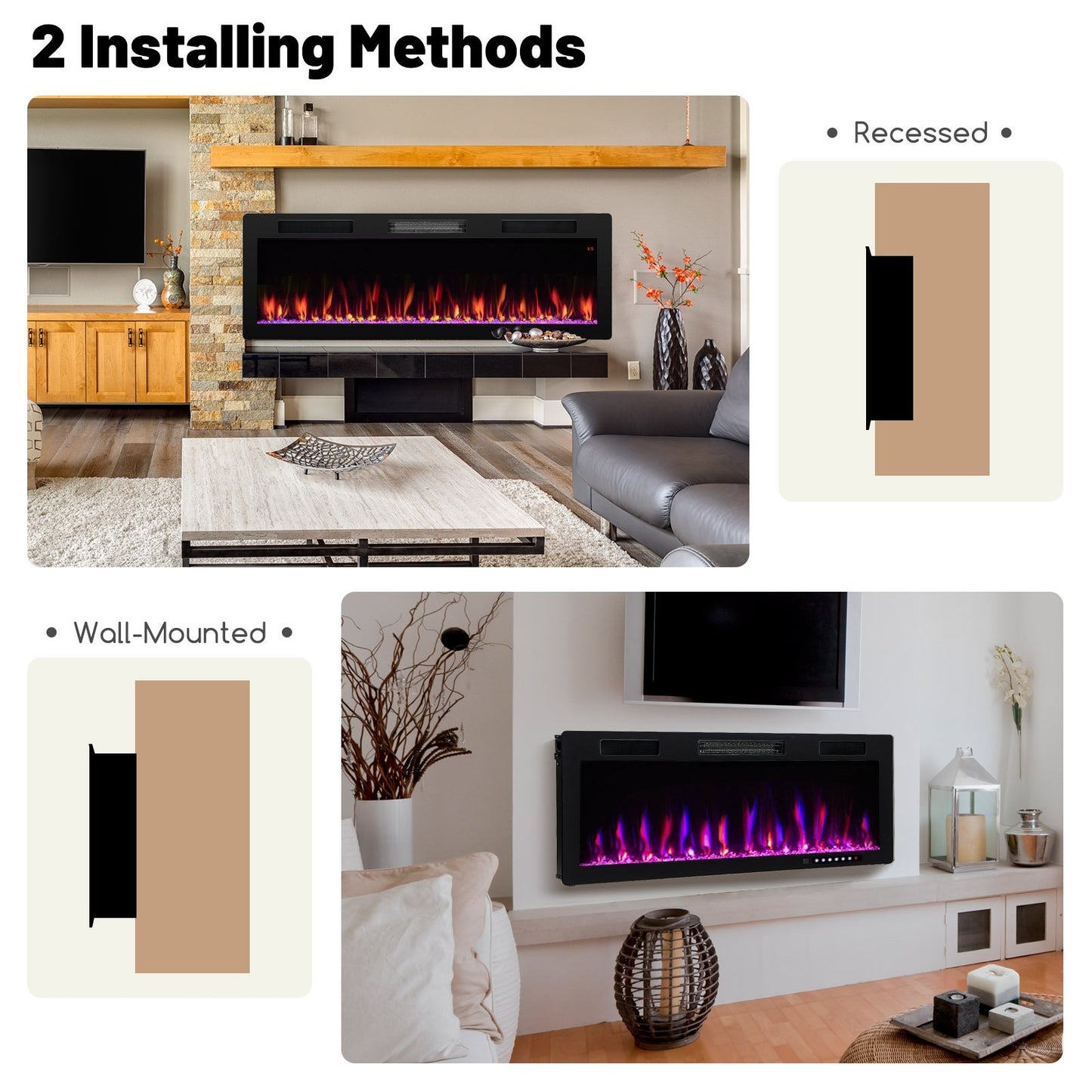 Electric Fireplace 40/50/60 Inches Recessed and Wall Mounted for 2' x 6' Stud-50 inches, Black Fireplaces   at Gallery Canada