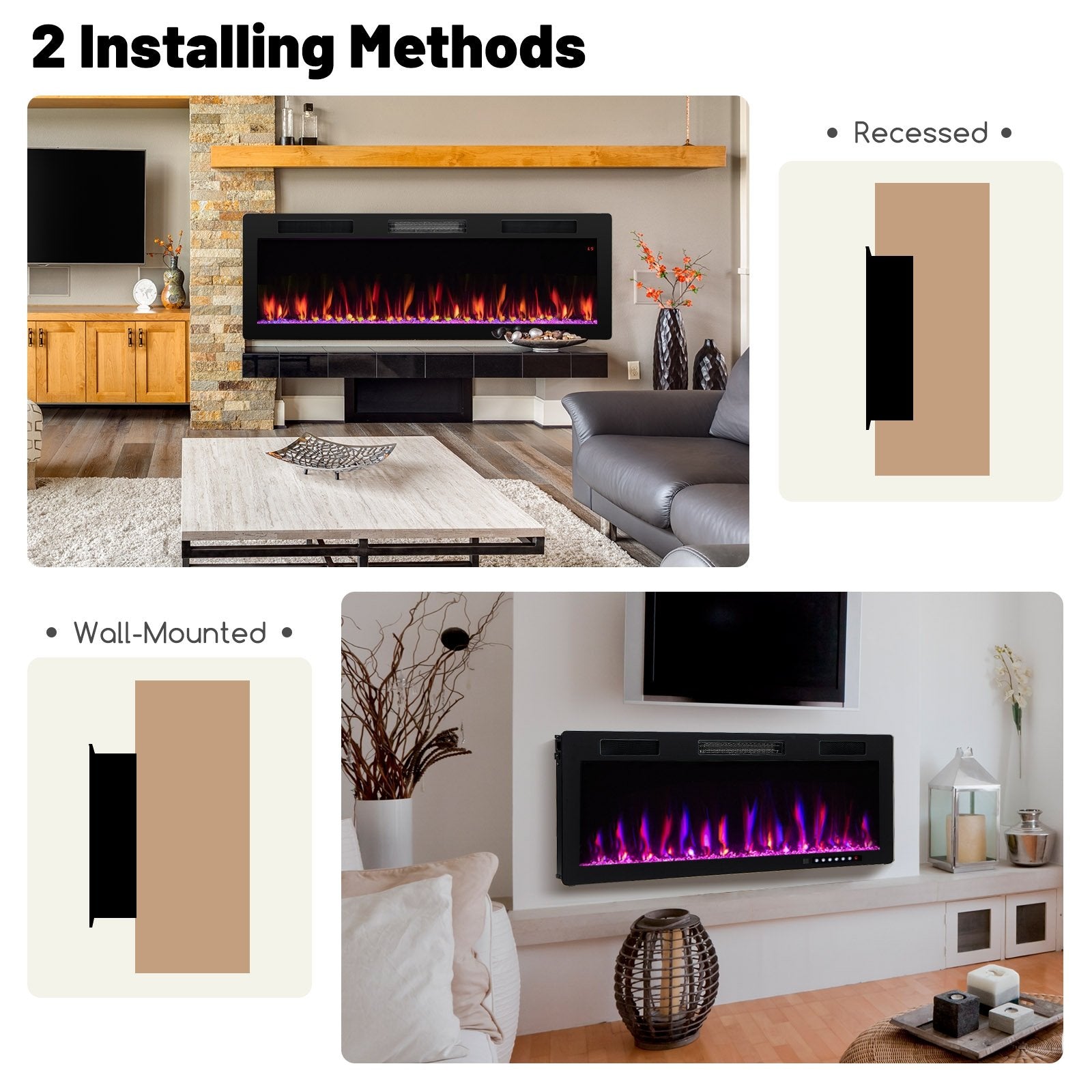 Electric Fireplace 40/50/60 Inches Recessed and Wall Mounted for 2' x 6' Stud-50 inches, Black Fireplaces   at Gallery Canada