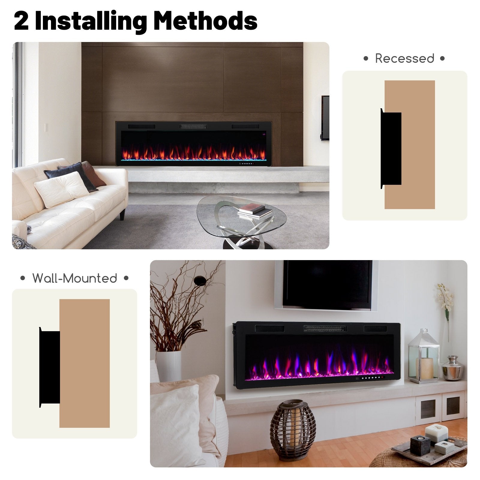 Electric Fireplace 40/50/60 Inches Recessed and Wall Mounted for 2' x 6' Stud-60 inches, Black Fireplaces   at Gallery Canada