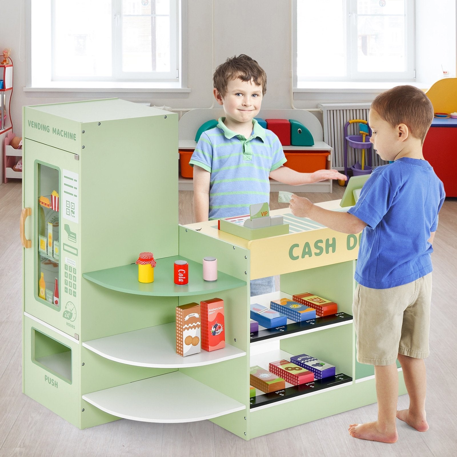 Kids Wooden Supermarket Play Toy Set with Checkout Counter, Green Pretend Toys   at Gallery Canada