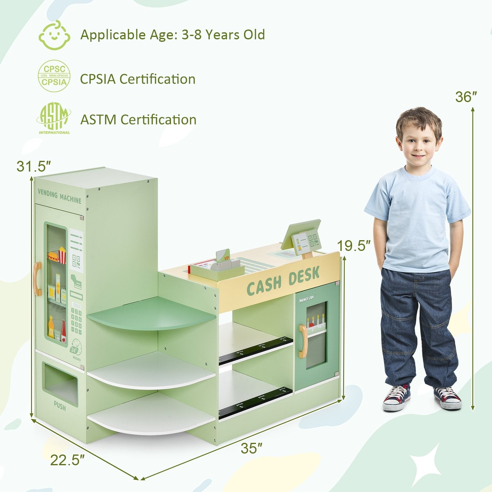 Kids Wooden Supermarket Play Toy Set with Checkout Counter, Green Pretend Toys   at Gallery Canada