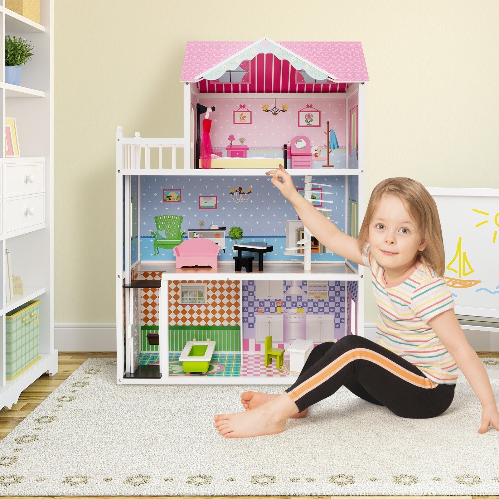 Wooden Dollhouse with Working Elevator and Rotatable Staircase, Pink Play Tents & Playhouse   at Gallery Canada