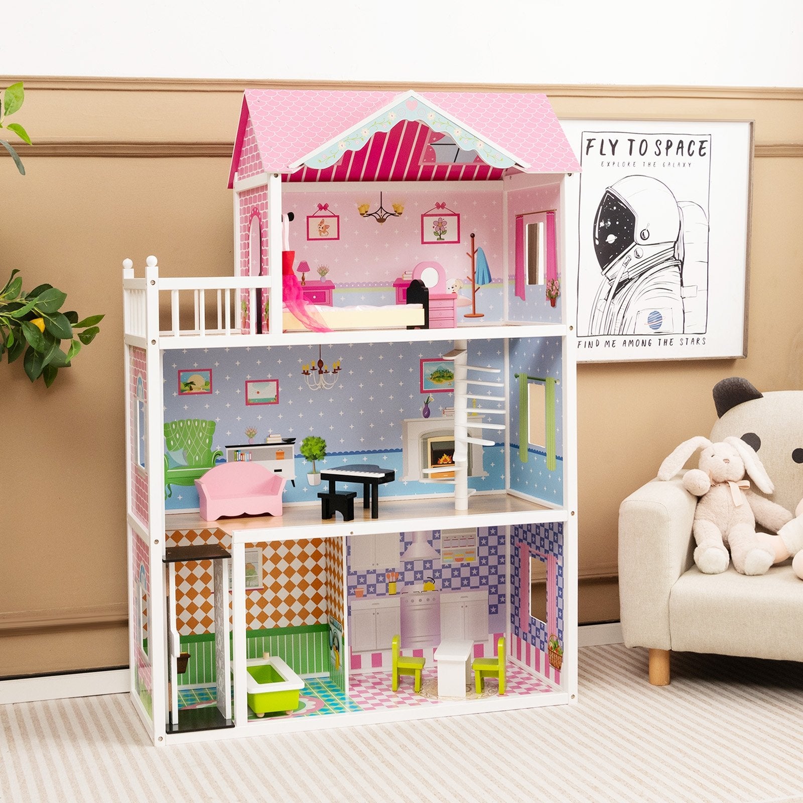 Wooden Dollhouse with Working Elevator and Rotatable Staircase, Pink Play Tents & Playhouse   at Gallery Canada