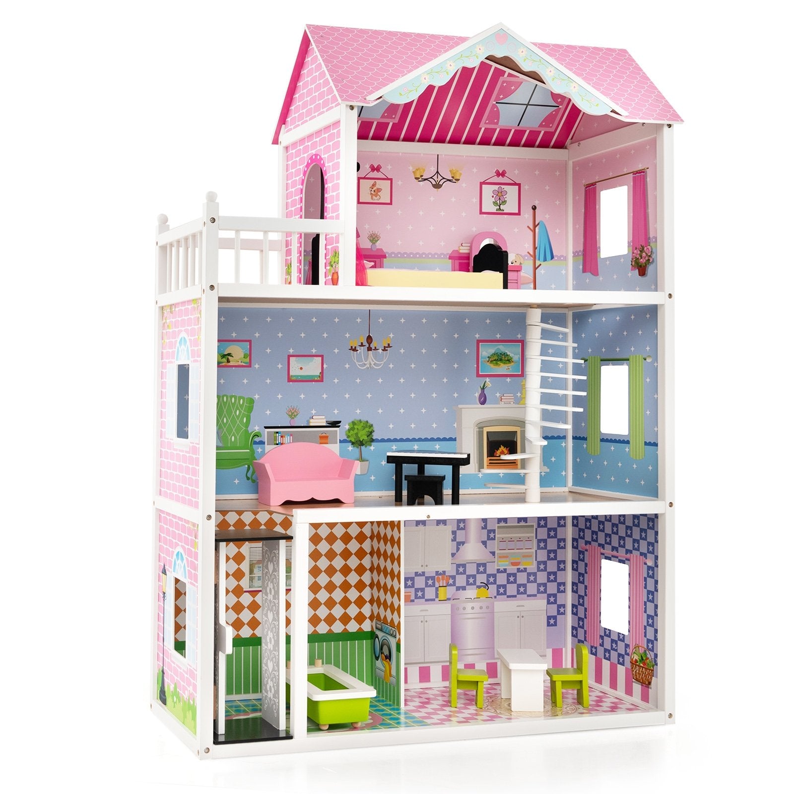 Wooden Dollhouse with Working Elevator and Rotatable Staircase, Pink Play Tents & Playhouse   at Gallery Canada