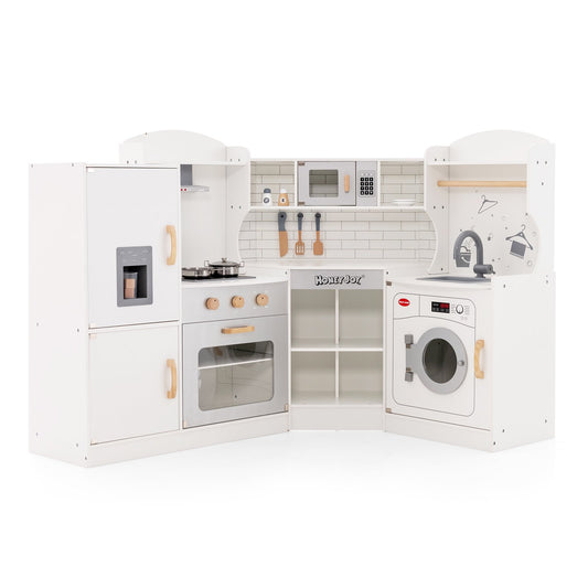 Corner Kids Play Kitchen with Washing Machine and Ice Maker Gift for Boys Girls, White - Gallery Canada