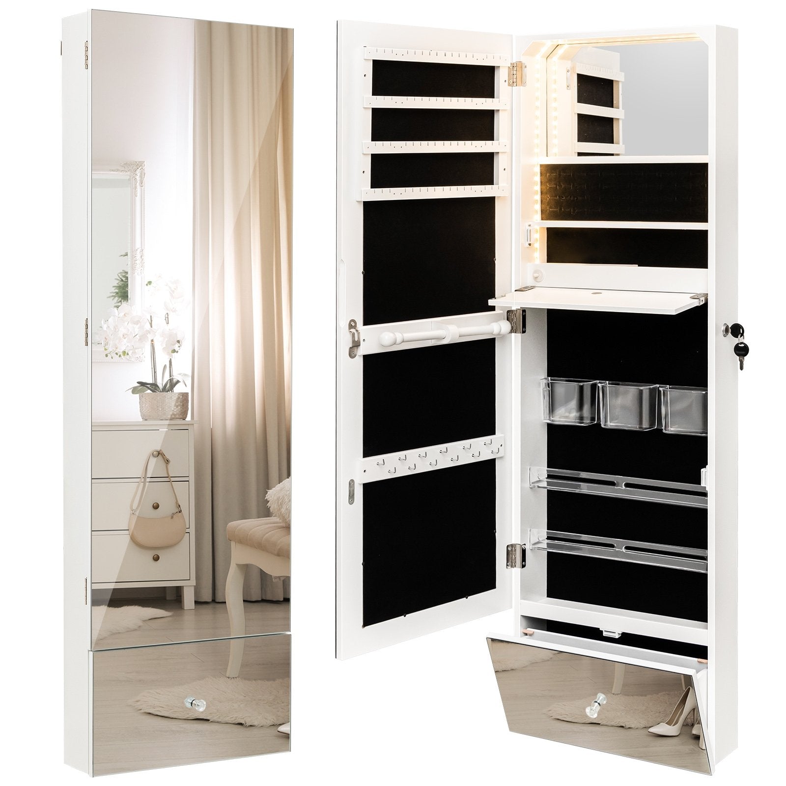 Wall Mounted Jewelry Armoire Organizer with Full-Length Frameless Mirror, White Jewelry Armoires   at Gallery Canada