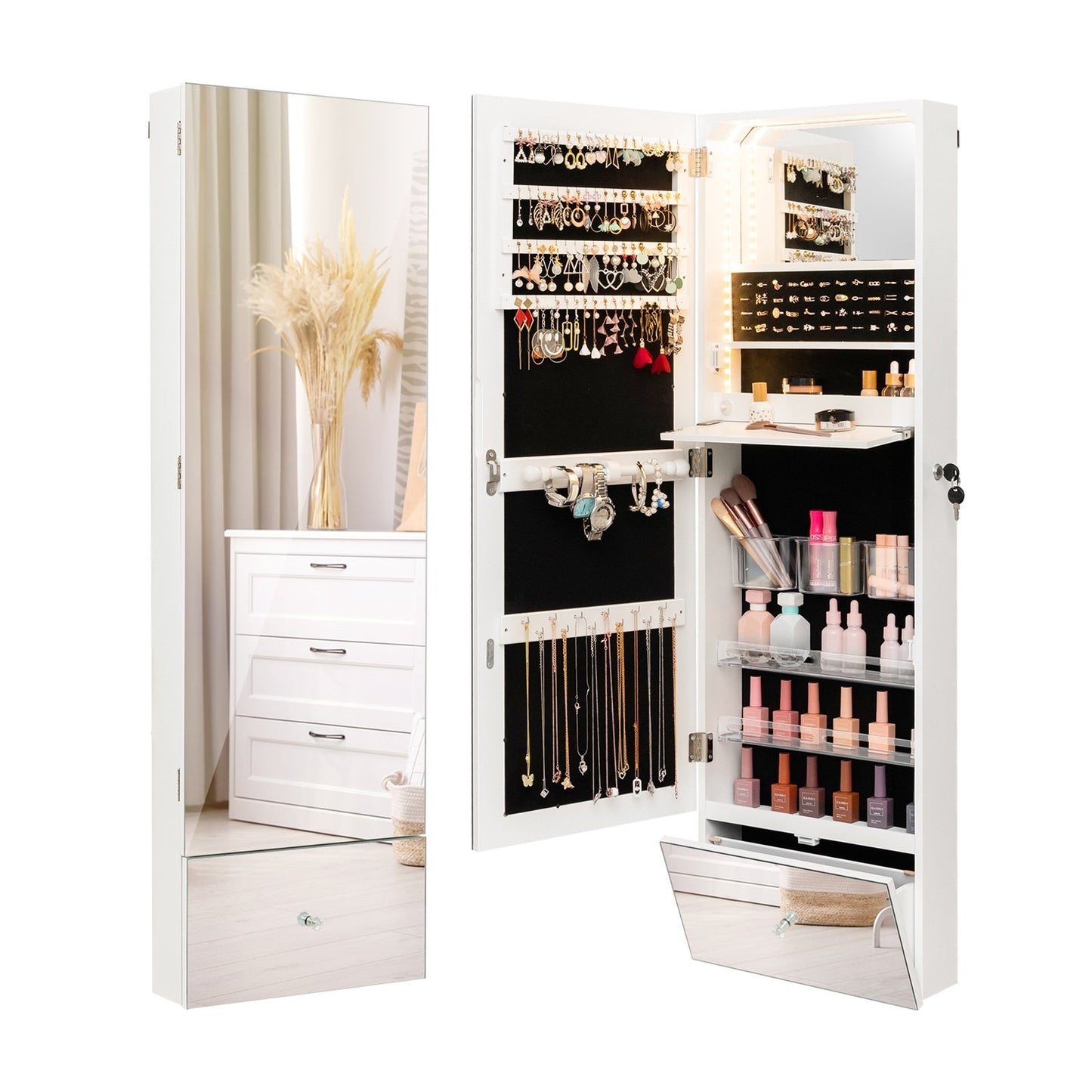 Wall Mounted Jewelry Armoire Organizer with Full-Length Frameless Mirror, White Jewelry Armoires   at Gallery Canada