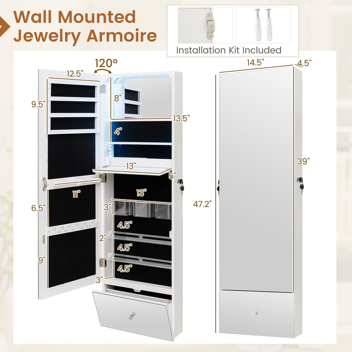 Wall Mounted Jewelry Armoire Organizer with Full-Length Frameless Mirror, White Jewelry Armoires   at Gallery Canada