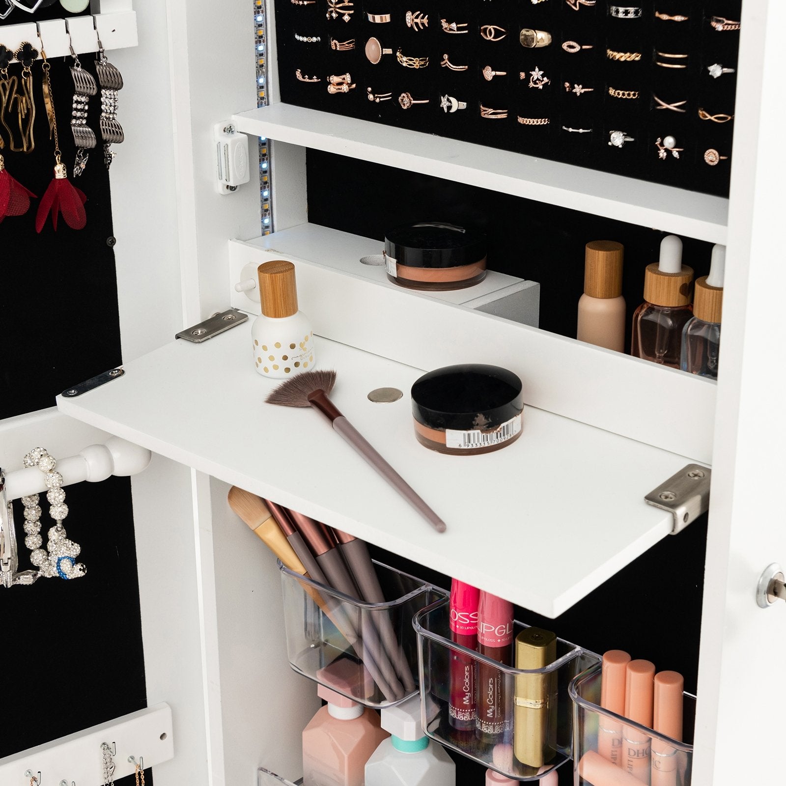 Wall Mounted Jewelry Armoire Organizer with Full-Length Frameless Mirror, White Jewelry Armoires   at Gallery Canada