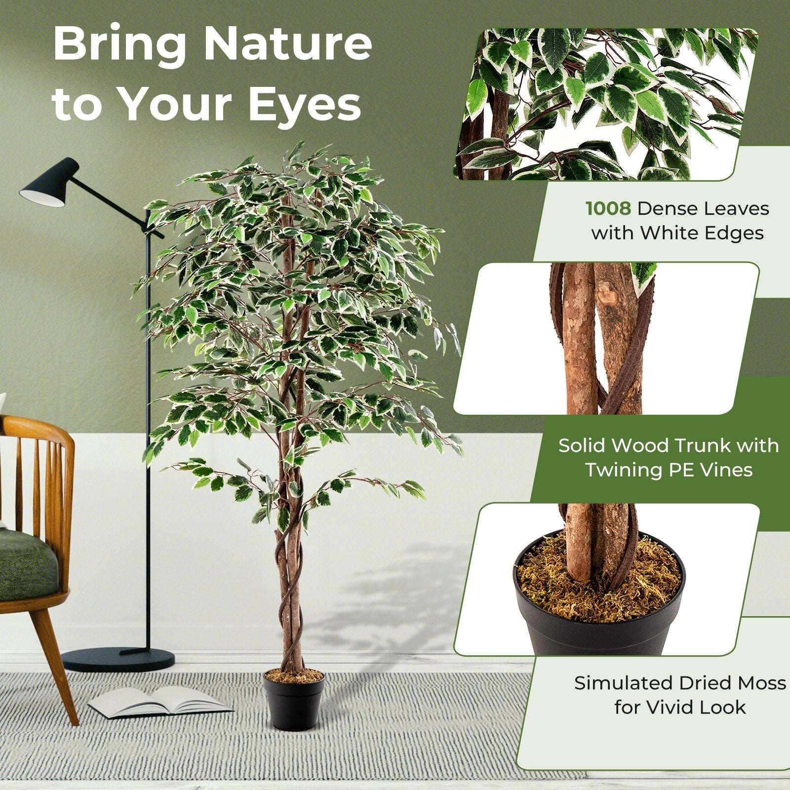 Artificial Ficus Tree Tall Faux Indoor Plant with 1008 Leaves Nursery Pot and Dried Moss, Green Faux Plants   at Gallery Canada